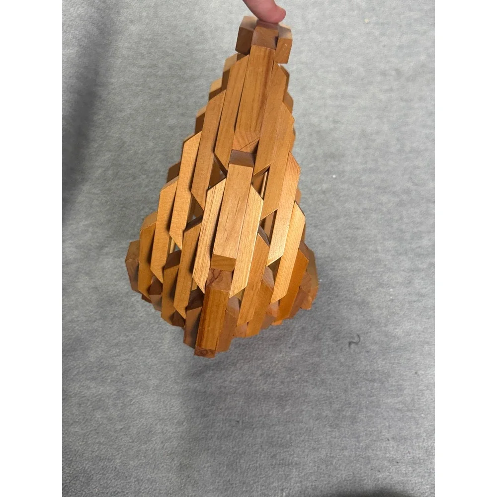 Vintage Geometric Collapsible Wooden Basket Interlocking Block Sculpture Bowl